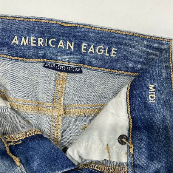 American Eagle Midi Shorts 2 Next Level Stretch Denim Blue Jean Distressed - Picture 6 of 10